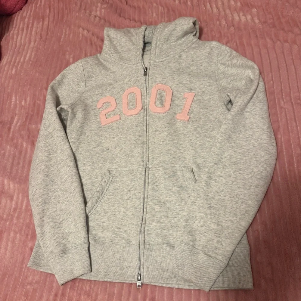 Hollister Women’s 2001 Zip-Up Hoodie - Grey with Pink Lettering - Size L - Picture 2 of 6